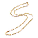 golden Figaro chain with lobster claw clasp over white background. 