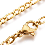 zoomed in sections of golden Figaro chain with lobster claw clasp over white background. 