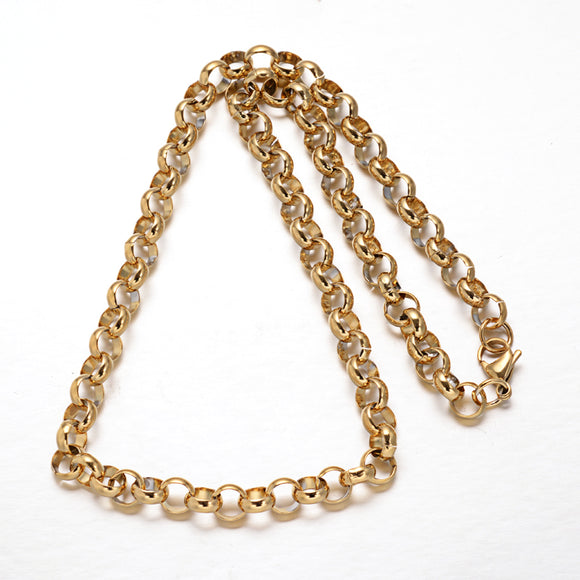 golden large link Rolo chain with lobster claw clasp on white background. 