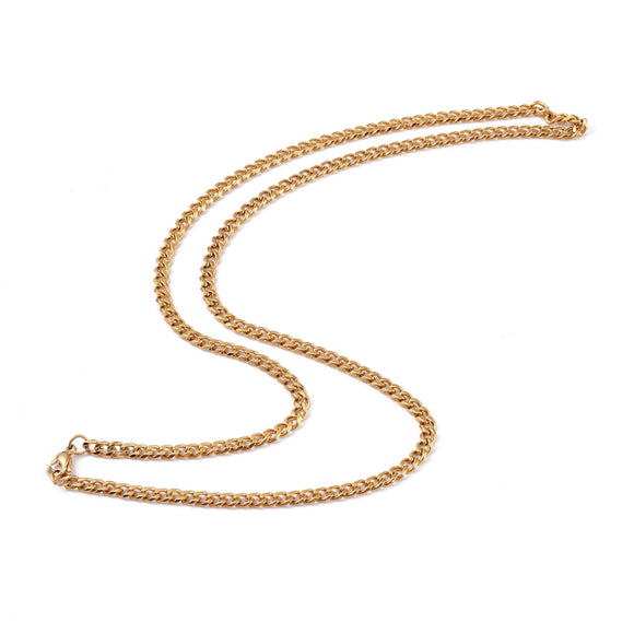 golden small curb chain necklace with lobster claw clasp over white background. 
