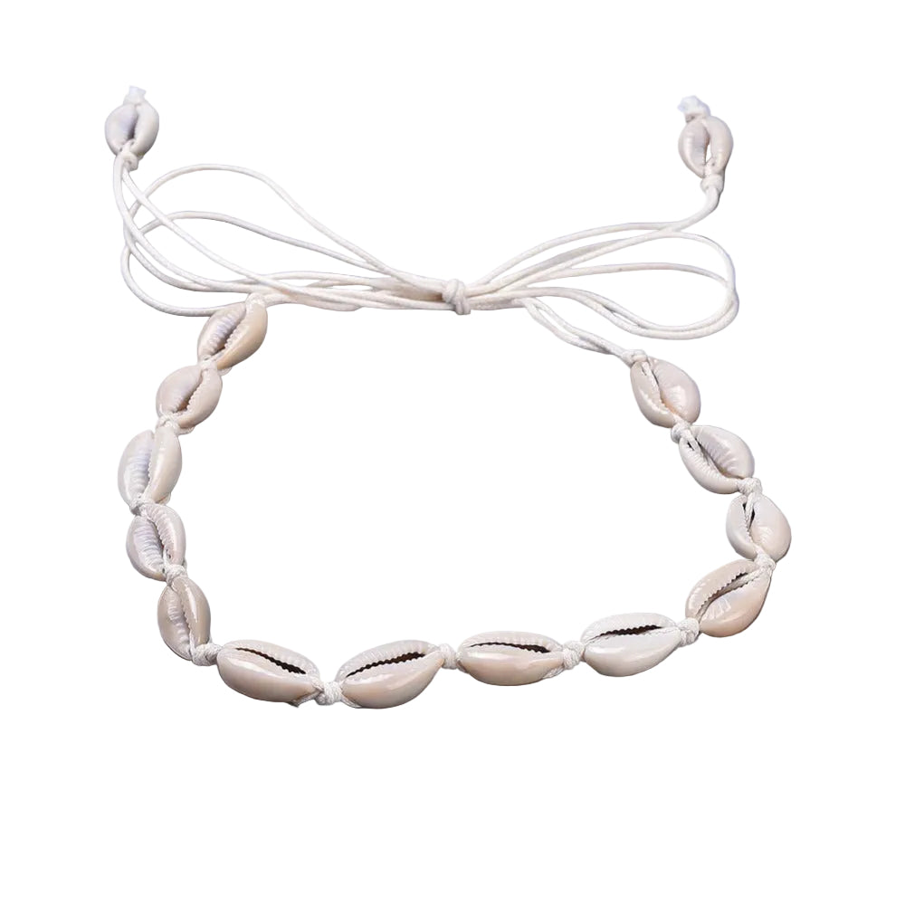adjustable cowrie choker on white cord over a white background. 