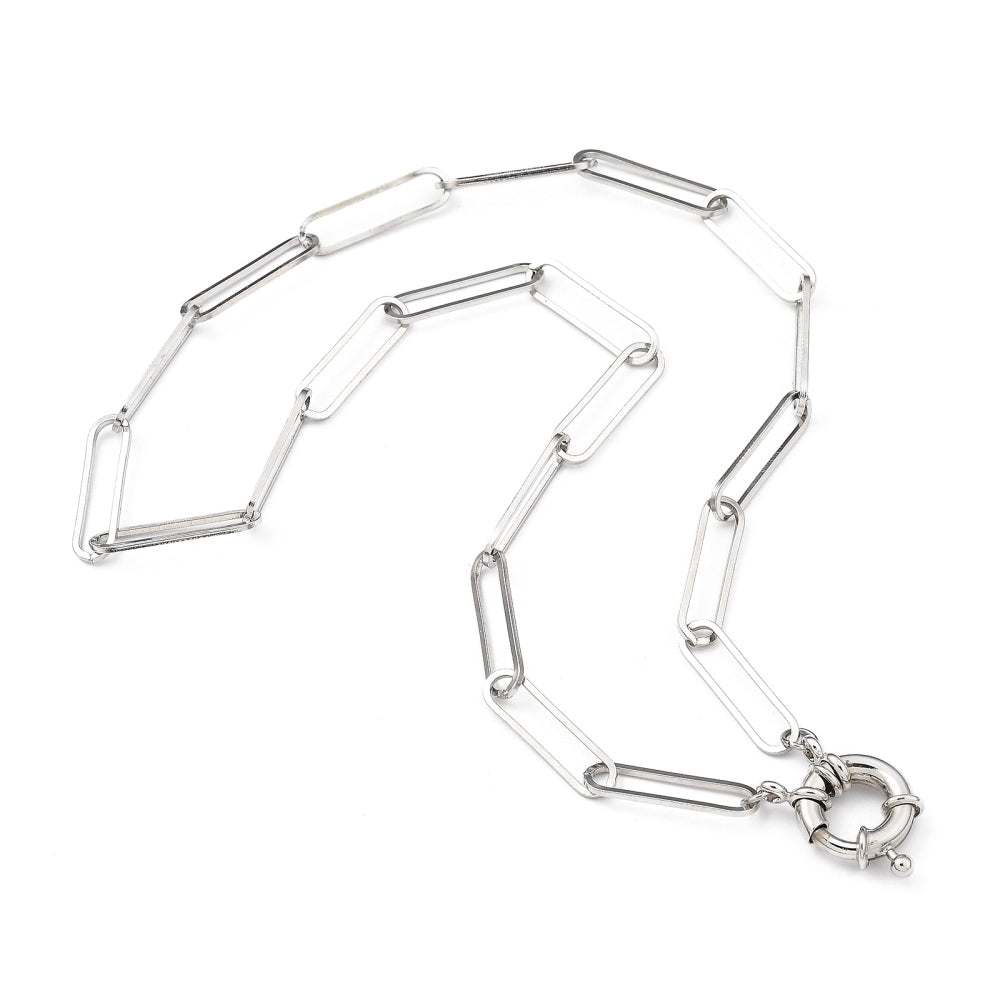 silver tone paperclip chain necklace with large spring ring clasp on white background. 