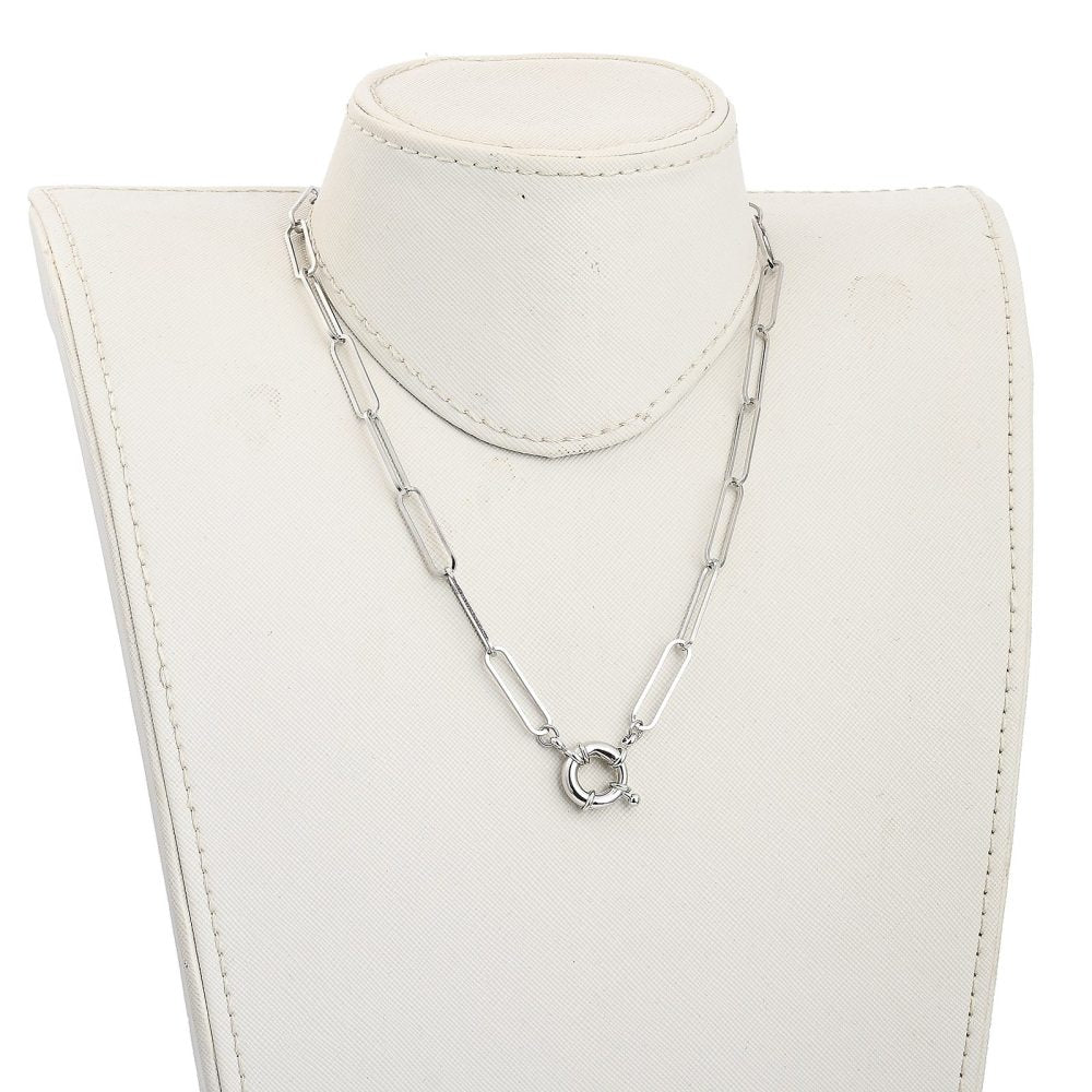 silver tone paperclip chain necklace with large spring ring clasp displayed on off-white neck form against white background. 