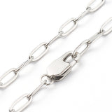 zoomed in sections of silver tone paperclip chain necklace with lobster claw clasp over white background. 