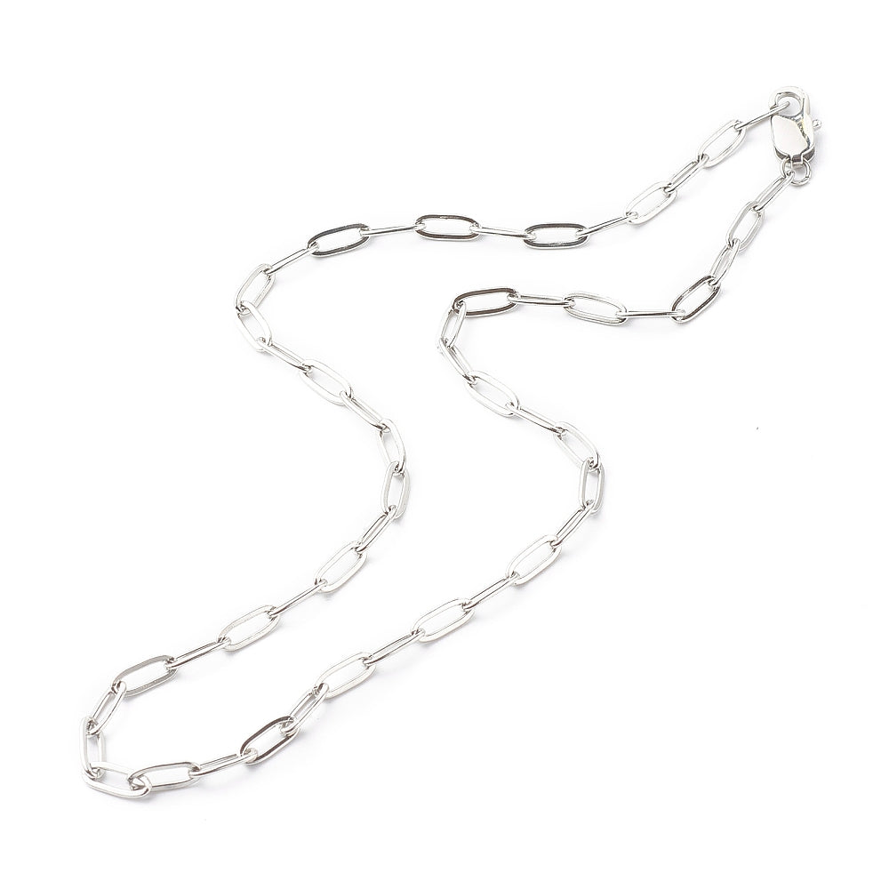 silver tone paperclip chain necklace with lobster claw clasp over white background. 