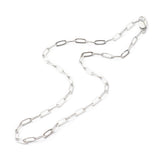 silver tone paperclip chain necklace with lobster claw clasp over white background. 