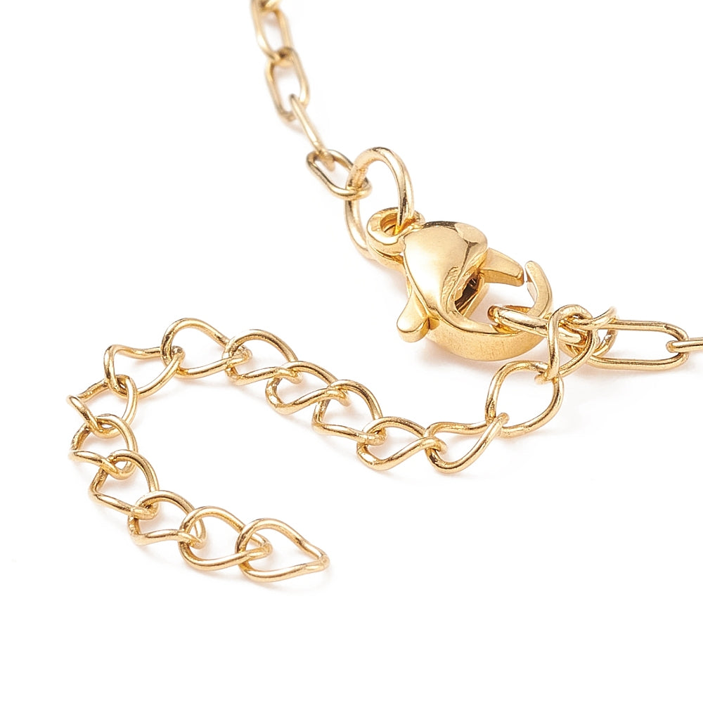 zoomed in sections of golden lobster claw clasp and extender chain on small paperclip chain over white background. 