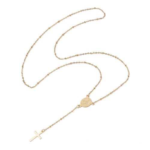 golden satellite chain rosary style necklace with Virgin Mary connector and cross pendant over white background. 