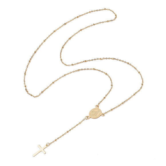 golden satellite chain rosary style necklace with Virgin Mary connector and cross pendant over white background. 