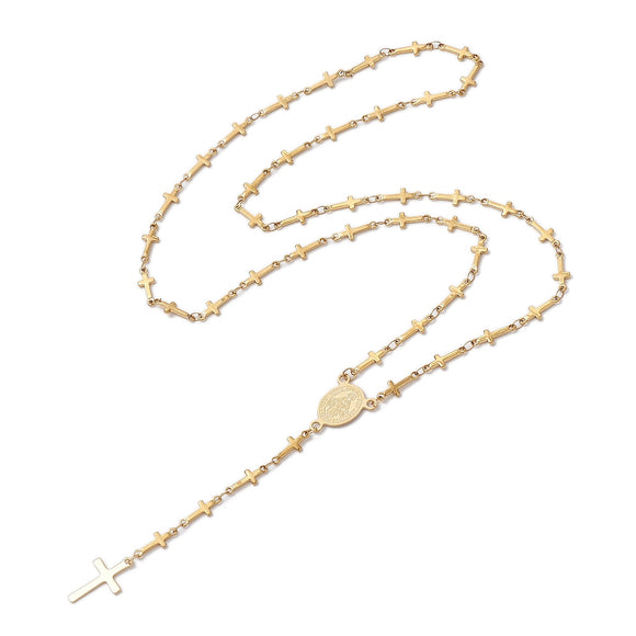 golden rosary style necklace featuring a traditional Virgin Mary connector and cross pendant while the links are made up of small crosses over a white background. 