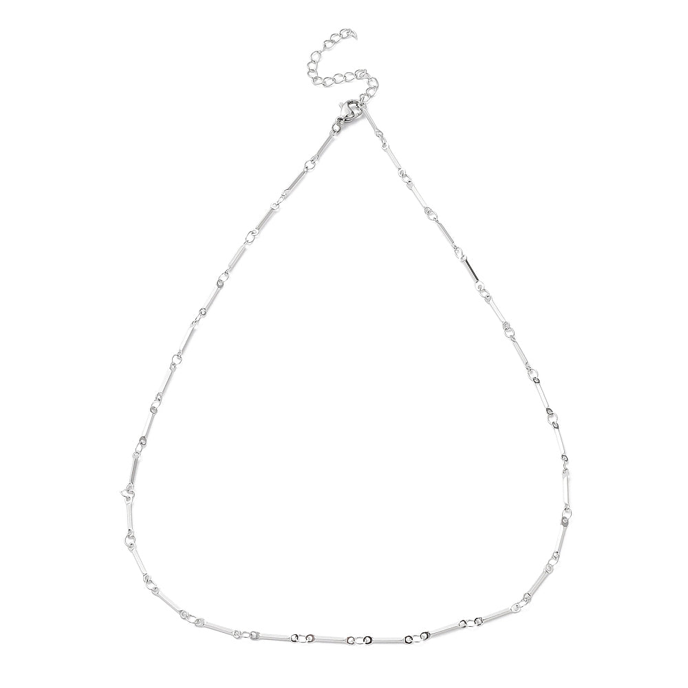 silver tone bar link chain necklace with lobster claw clasp and extender chain over white background. 