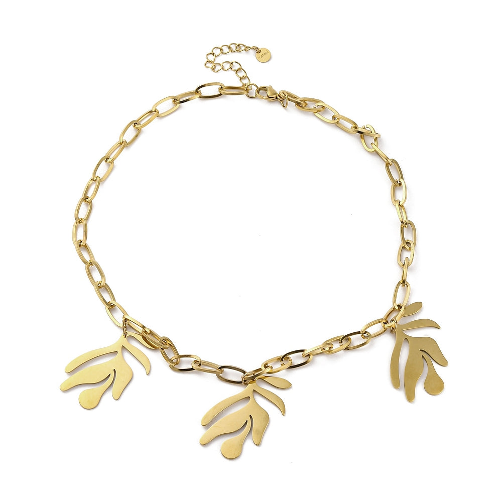 golden paperclip chain necklace with three leaf design drops plus a lobster claw clasp and extender chain over white surface. 