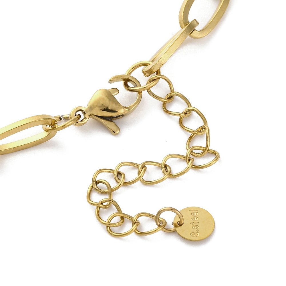 zoomed in section of golden paperclip chai necklace with lobster claw clasp and extender chain over white surface. 