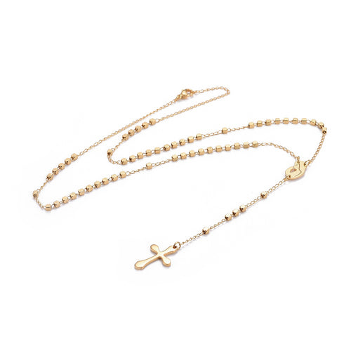 golden rosary necklace with cube rosary beads a profile of Virgin Mary connector a cross pendant with a lobster claw clasp over white background. 