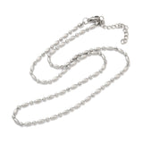 silver tone oval and round link ball chain necklace with lobster claw clasp and extender chain over white background. 