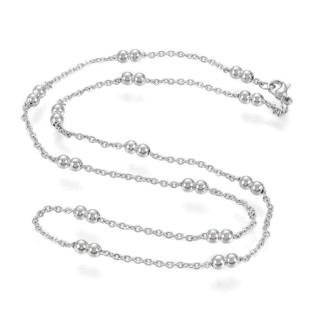 silver tone cable link double satellite chain necklace with lobster claw clasp on a white background. 
