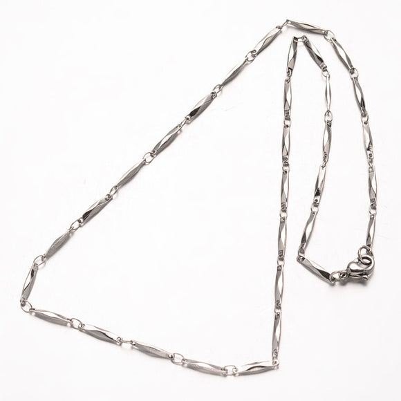 silver tone bar link necklace with lobster claw clasp over white background. 