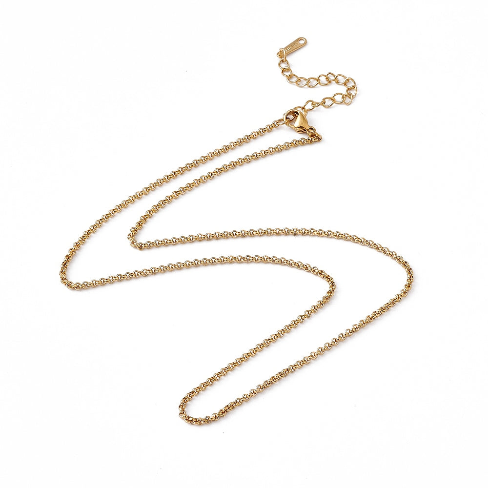 golden Rolo chain necklace with lobster claw clasp and extender chain over white background. 