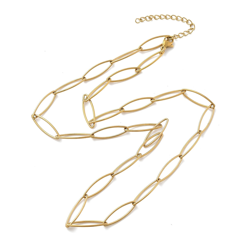 golden marquise paperclip chain necklace with lobster claw clasp and extender chain over white background. 