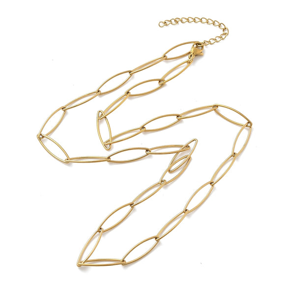 golden marquise paperclip chain necklace with lobster claw clasp and extender chain over white background. 