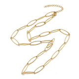 golden marquise paperclip chain necklace with lobster claw clasp and extender chain over white background. 