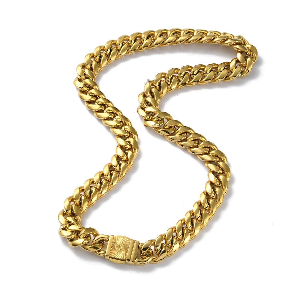 golden extra large curb link necklace with diamond cut sunburst decorative box clasp on white background. 