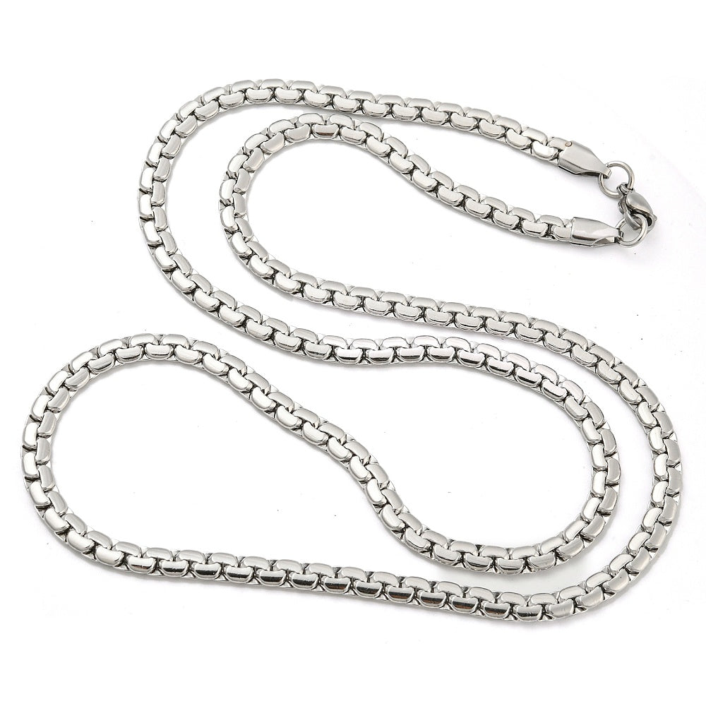 silver tone flat box chain with lobster claw clasp on white background. 