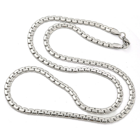 silver tone flat box chain with lobster claw clasp on white background. 