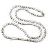 silver tone flat box chain with lobster claw clasp on white background. 