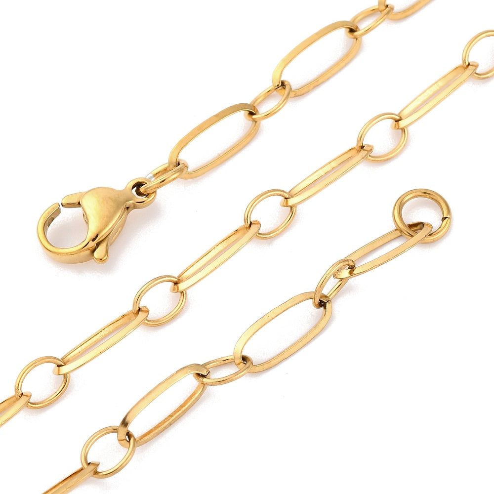 zoomed in sections of golden alternating oval link chain necklace with lobster claw clasp over white background. 