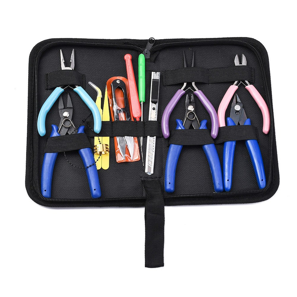 thirteen piece tool kit in black zip pouch featuring needle nose pliers with cutters, chain nose pliers, two pair of tweezers (bent and straight), scissors, a beading awl, a latch hook, a cutter, round nose pliers, a crimp tool, hard and soft wire cutters and a jump ring ring over a white surface. 