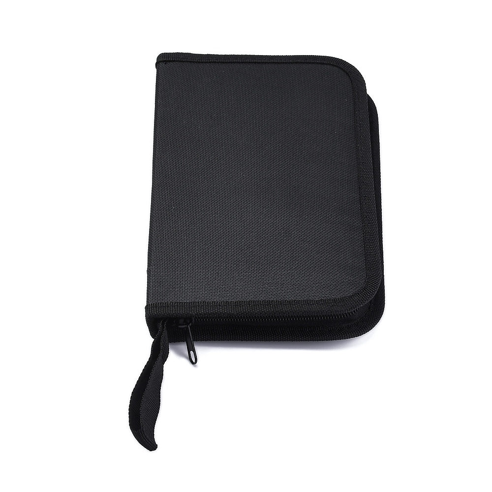 black zip pouch closed on a white surface. 