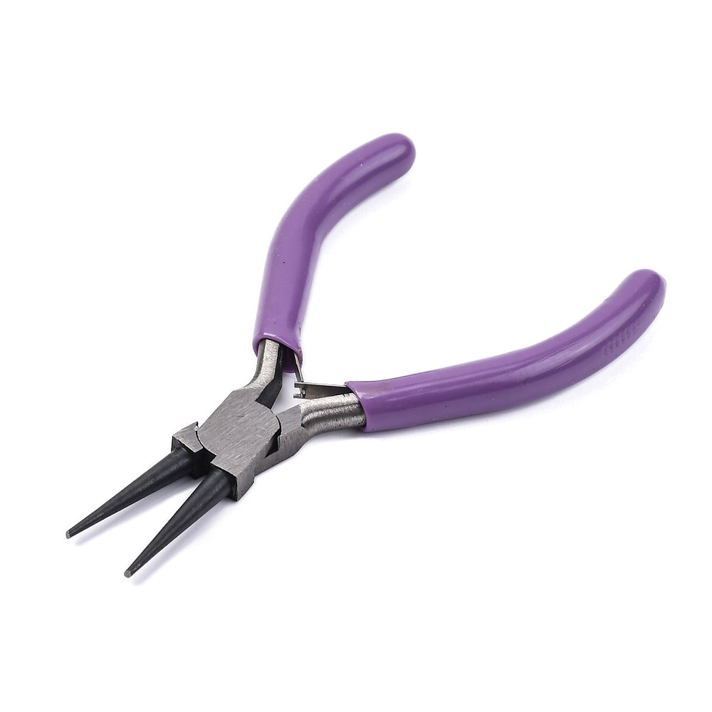 zoomed in shot of purple handled round nose pliers over white surface. 