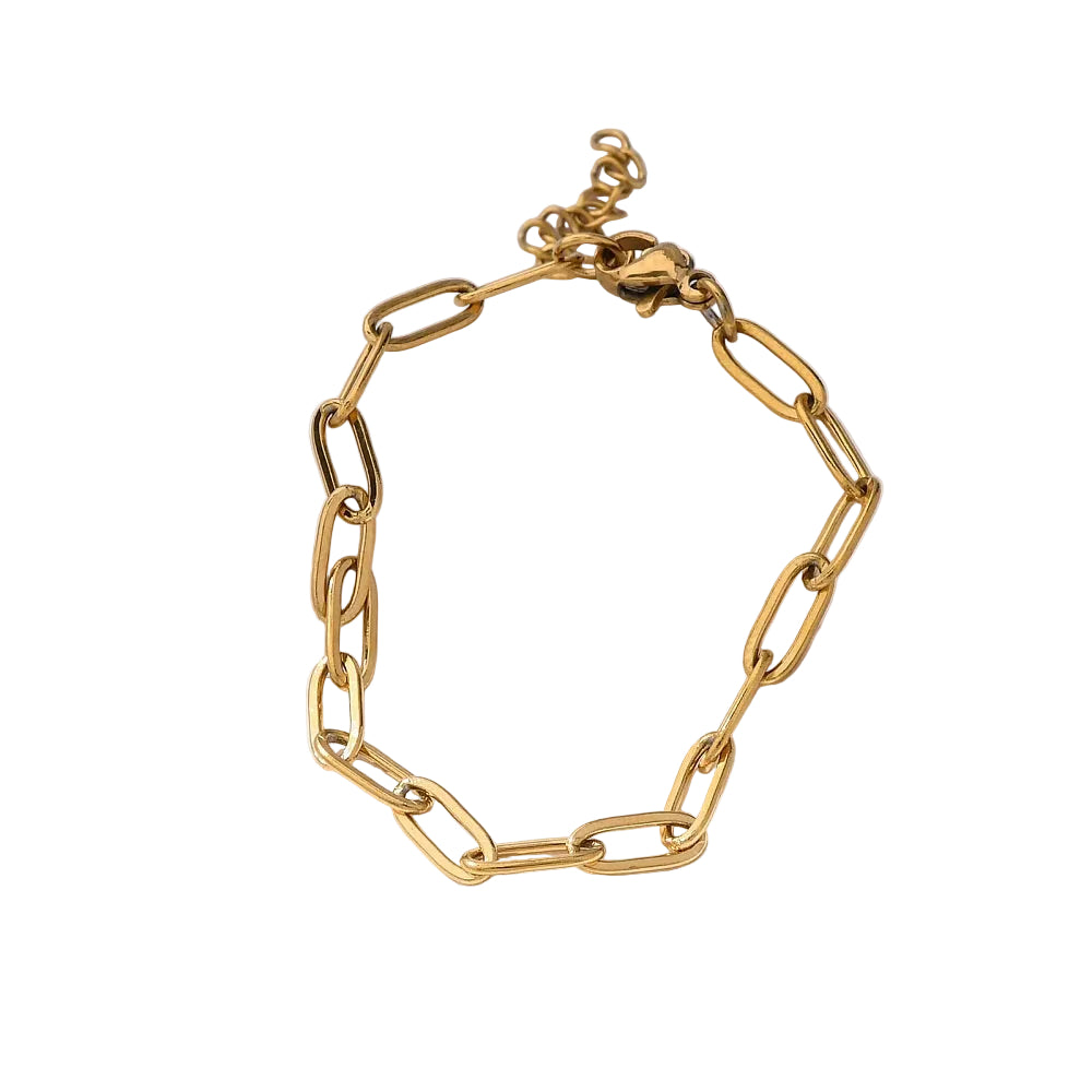 golden paperclip chain bracelet with lobster claw clasp and extender chain over white background. 