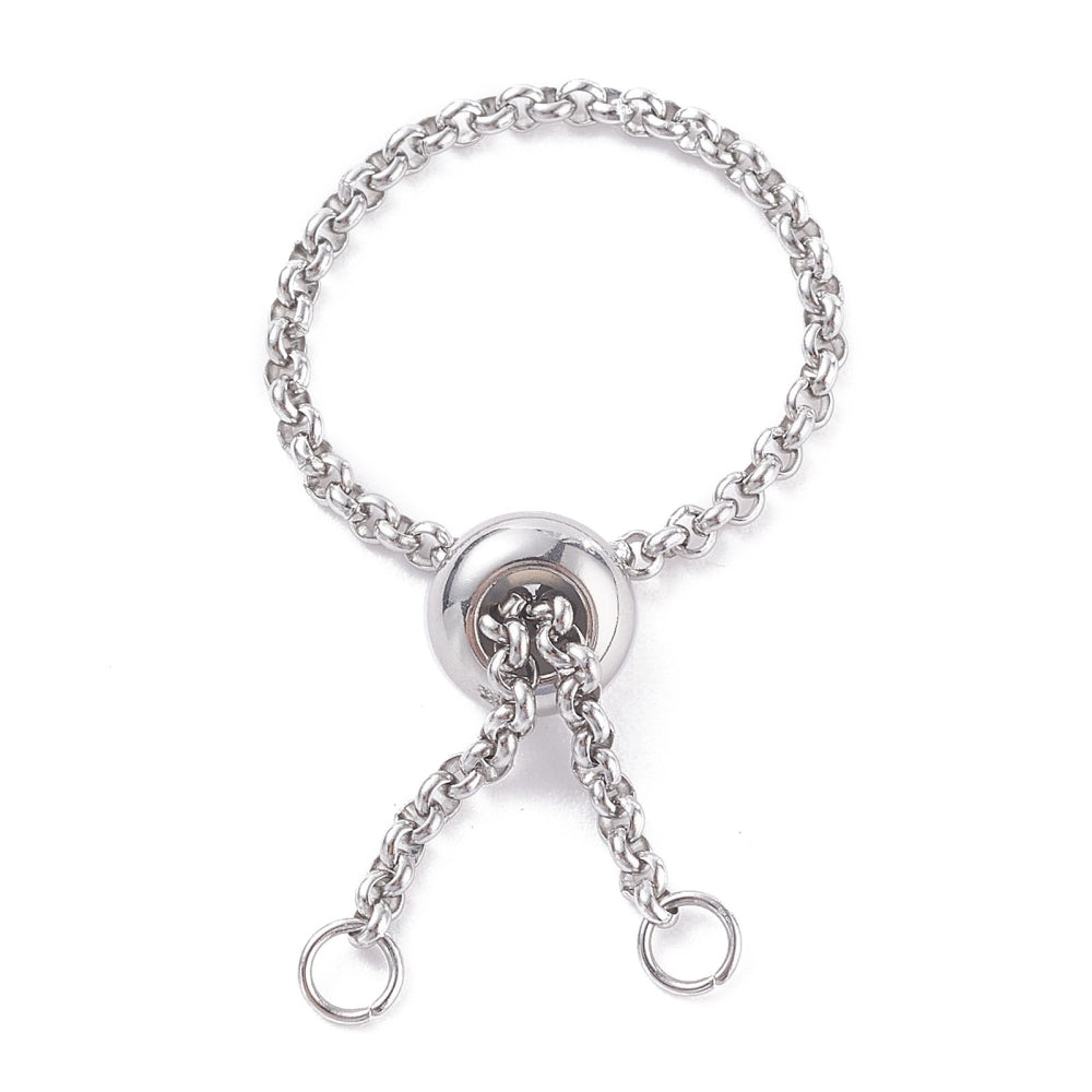 silver tone adjustable fidget ring with Rolo chain and slider bead and two jump rings over white background. 