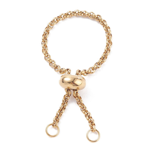 golden adjustable fidget ring with Rolo chain and slider bead and two jump rings over white background. 