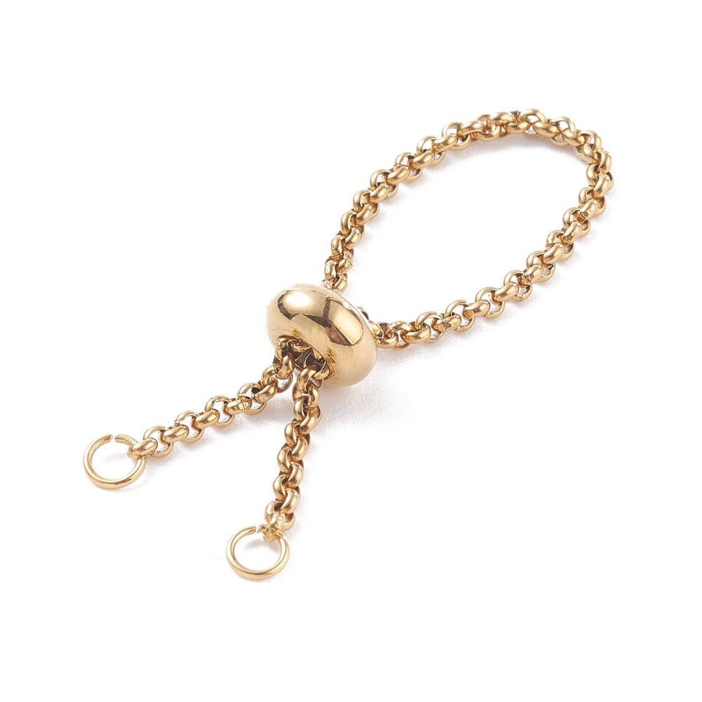 golden adjustable fidget ring with Rolo chain and slider bead and two jump rings over white background. 