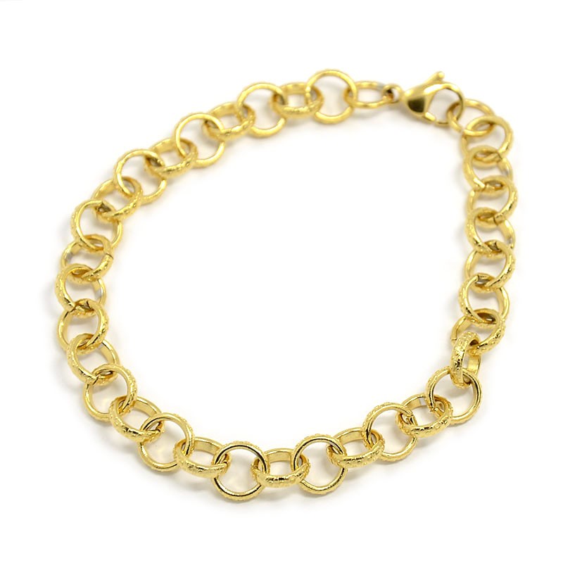 golden bubbles cable link bracelet with lobster claw clasp on white background. 