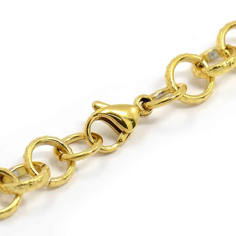 zoomed in sections of golden bubbles cable link bracelet with lobster claw clasp on white background. 