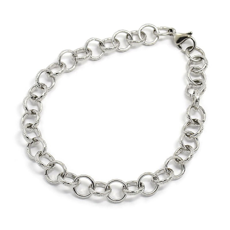silver tone  bubbles cable link bracelet with lobster claw clasp on white background. 