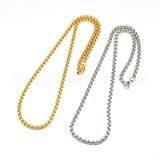 one golden and one silver tone heavy Venetian box chain necklace with lobster claw clasp side by side over white background. 