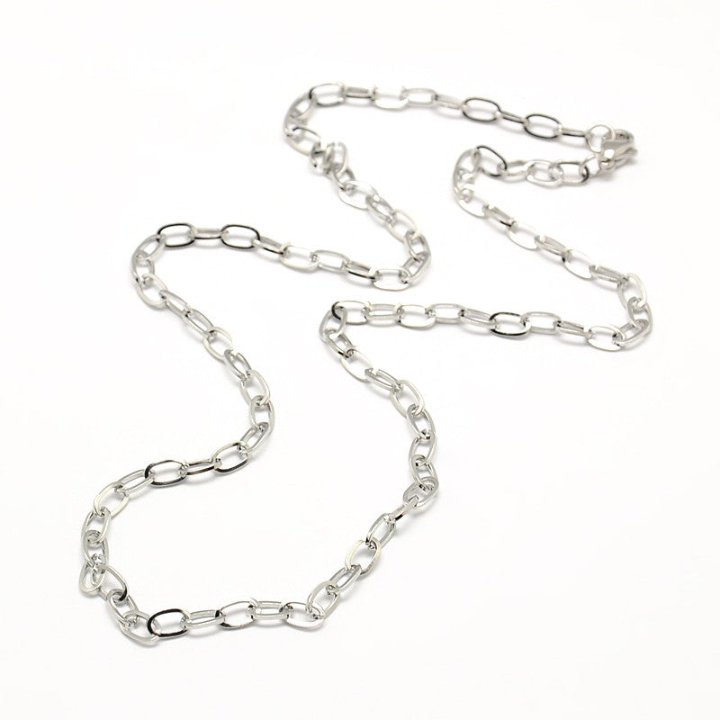 silver tone oval link cable chain with lobster claw clasp on white background. 