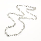 silver tone oval link cable chain with lobster claw clasp on white background. 