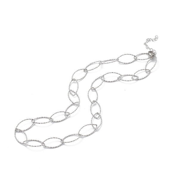 silver tone textured horse eye link necklace with lobster claw clasp and extender chain on white background. 
