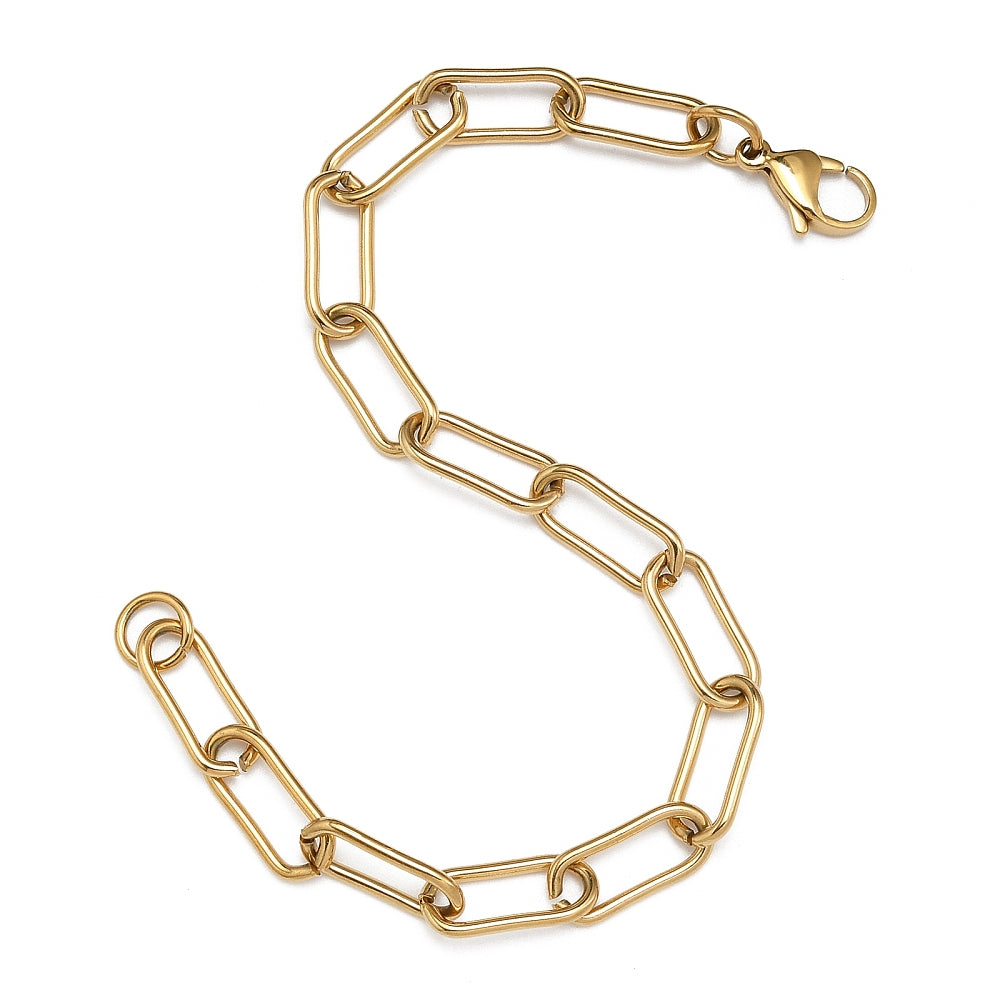 golden rounded paperclip chain bracelet with lobster claw clasp on white background. 