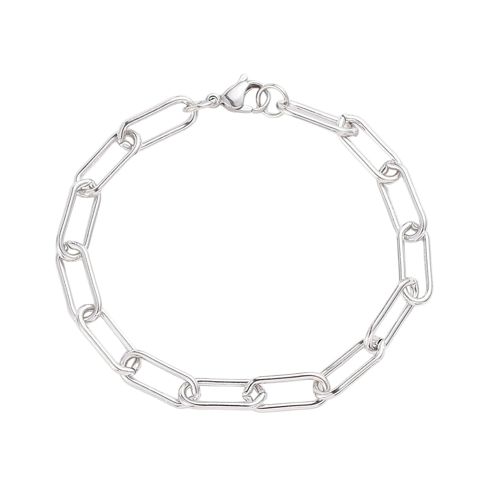 silver tone rounded paperclip chain bracelet with lobster claw clasp on white background. 