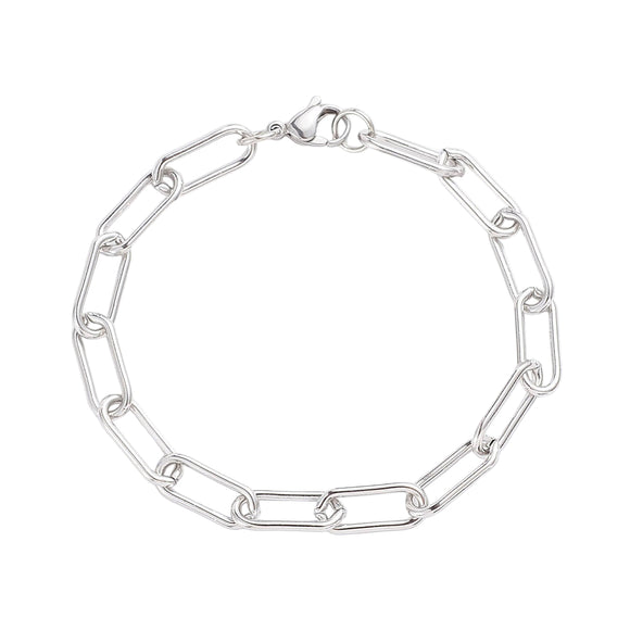 silver tone rounded paperclip chain bracelet with lobster claw clasp on white background. 