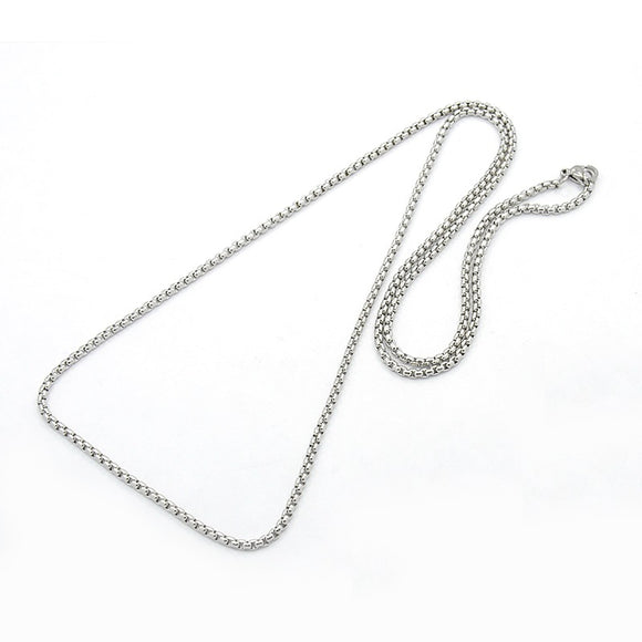 silver tone Venetian box chain with lobster claw clasp on white background. 