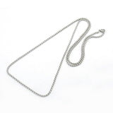 silver tone Venetian box chain with lobster claw clasp on white background. 