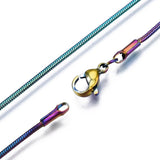 zoomed in sections of rainbow ion plated snake chain with lobster claw clasp on white background. 